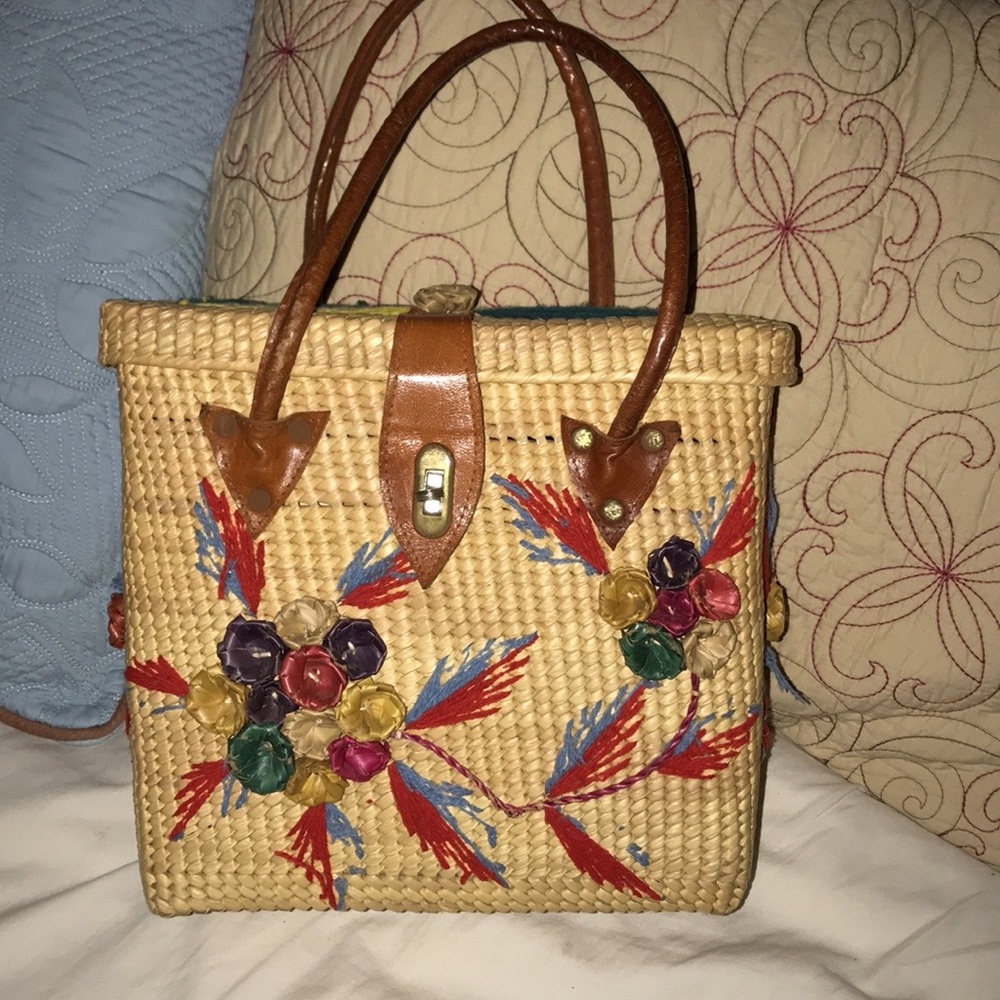 Vtg 1970s Handwoven Boho Straw Floral Handbag - Picture 14 of 14